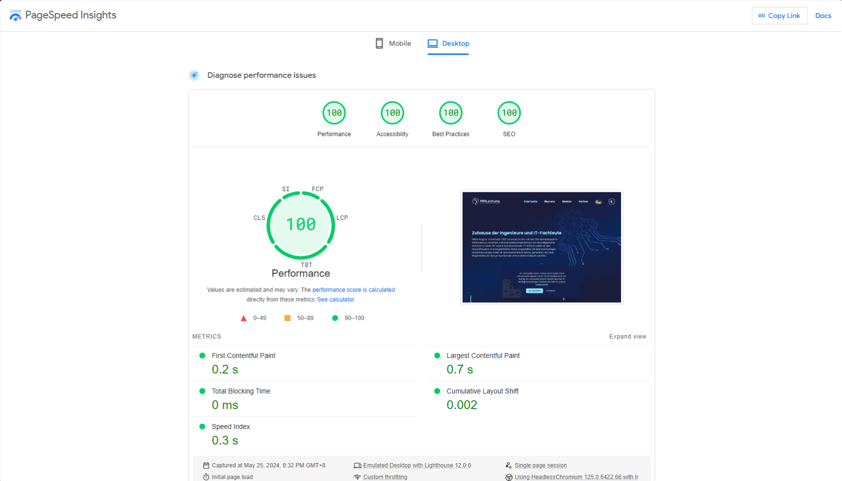 MNLeistung DE PageSpeed Insight Result