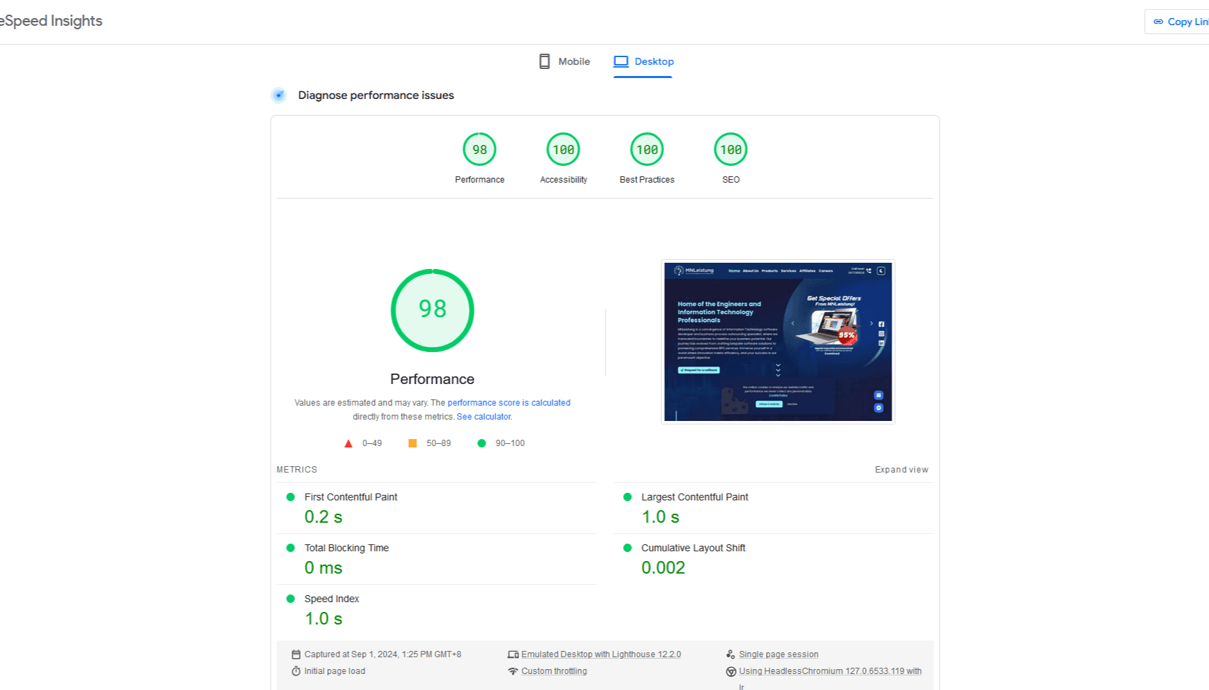 MNLeistung PH PageSpeed Insight Result